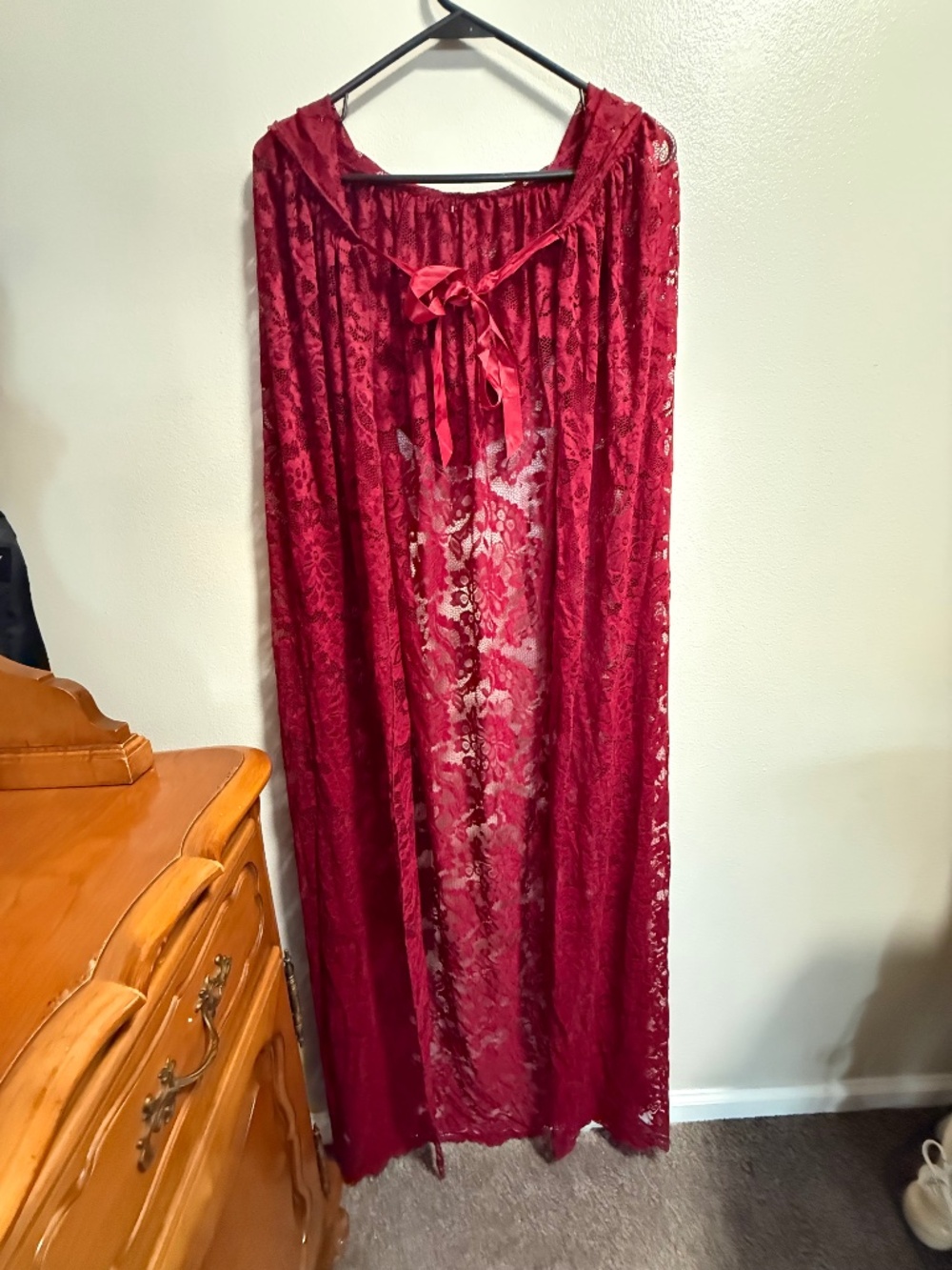 Women’s long Red lace hooded cape with ribbon tie